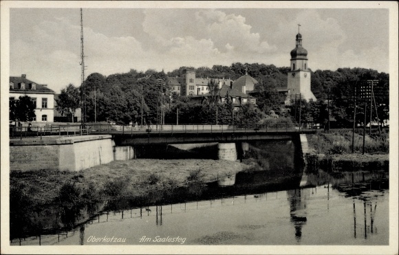 Postcard Oberkotzau in Upper Franconia Bavaria, Saalesteg, bridge, church