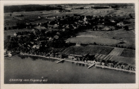 Postcard Chieming am Chiemsee Upper Bavaria, aerial view of lake landscape, rural buildings, fields