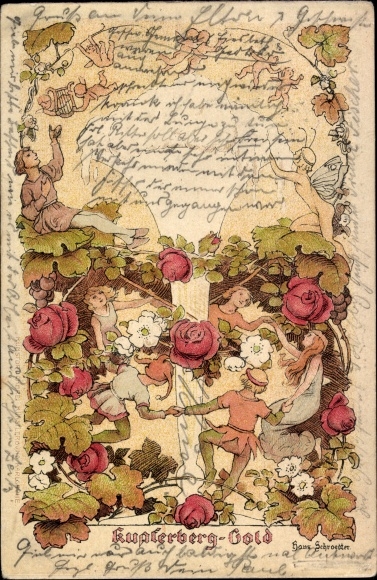 Artist PC Schroedter, Hans, advertising, Kupferberg Gold sparkling wine, rose blossoms, elves