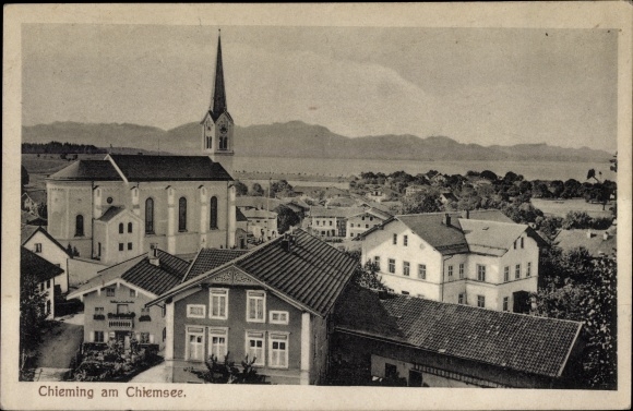 Postcard Chieming am Chiemsee Oberbayern, view of the place, church