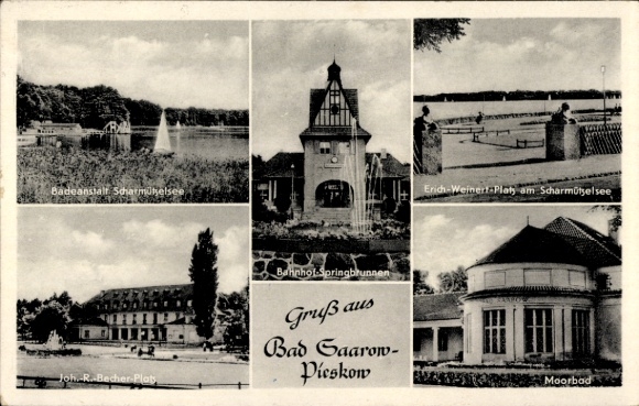 Postcard Bad Saarow Pieskow Brandenburg, train station fountain, mud bath