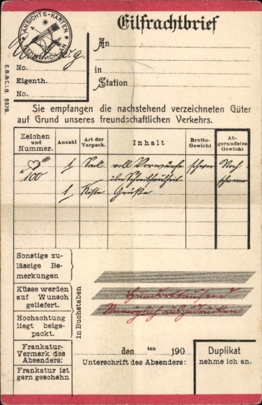 Ak Eilfrachtbrief, Inhalt