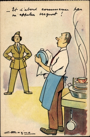 Postcard Woman in uniform, man doing the dishes
