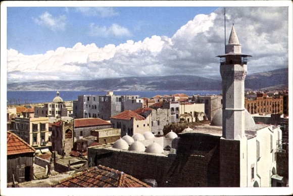 Ak Beirut Beyrouth Libanon, Stadtansicht von Beyrouth, Moschee en-Noufara im Vordergrund, Wolk...