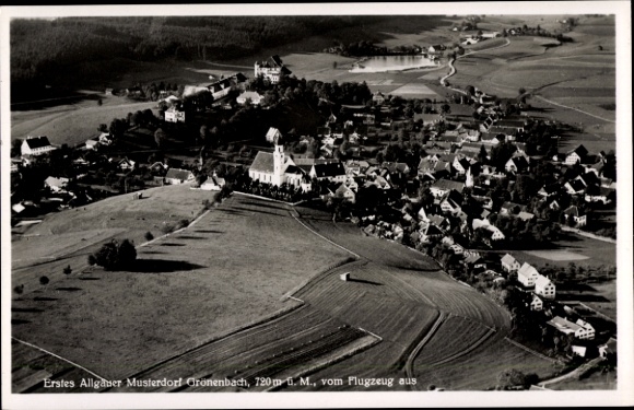 Postcard Bad Grönenbach in Allgäu, aerial photograph, Allgäu, 720 m above sea level, format, black and white