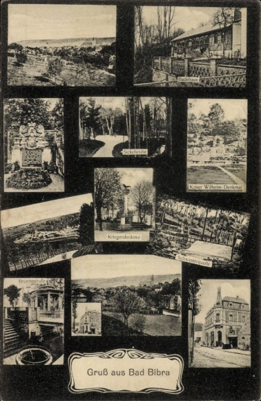 Ak Bad Bibra im Burgenlandkreis, Kaiser Wilhelm Denkmal, Kriegerdenkmal, Quelle, Panorama, Badehaus