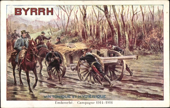 Artist Postcard Advertisement, Byrrh Vin Tonique, French soldiers with guns in the mud