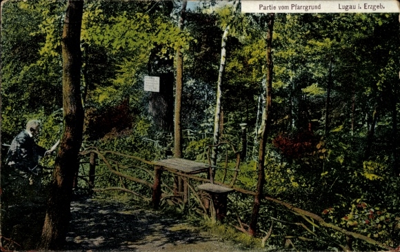 Ak Lugau im Erzgebirge, Waldlandschaft, Bank, Schilder, Postkarte von Lugau