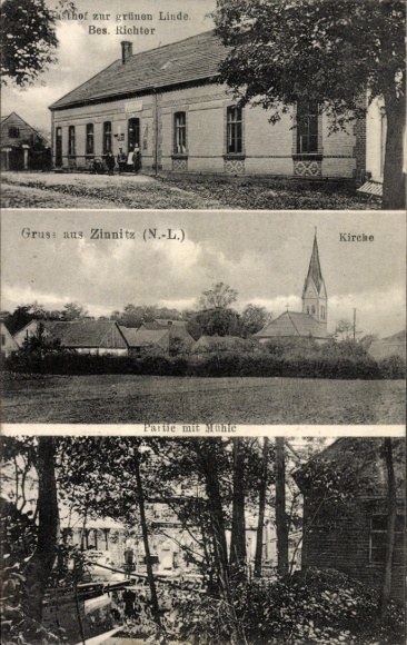 Ak Zinnitz Calau in Neder-Lausitz, herberg aan de groene lindeboom, kerk, molen