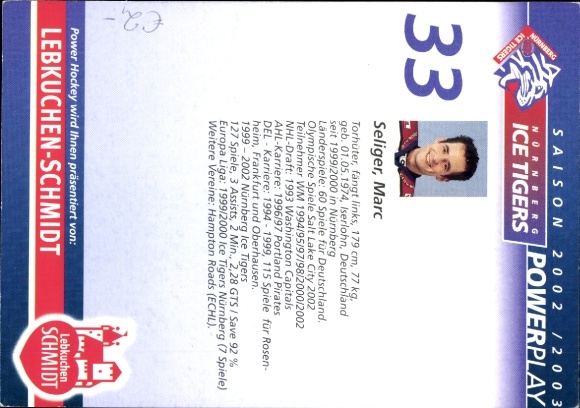 Postcard ice hockey goalkeeper Marc Seliger, portrait, autograph