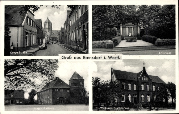 Ak Ramsdorf Velen Münsterland, Ehrenmal, Lange Straße, Burg, Rathaus, St. Walburgis Krankenhaus