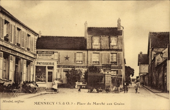 Ak Mennecy Essonne, voorgevel, stadszicht, winkels, patisserie, hotel