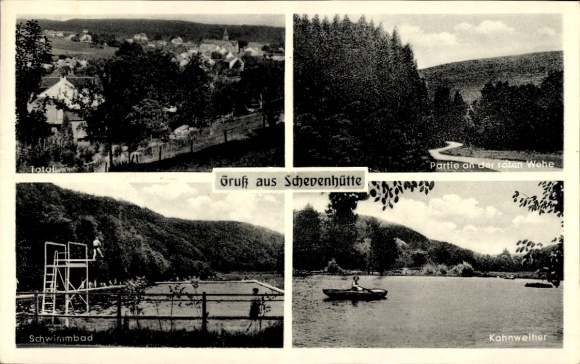 Postcard Schevenhütte Stolberg in the Rhineland, panoramic view, swimming pool, boat pond, greetings from Schevenhütte