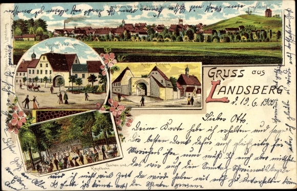 Chromo-Litho Landsberg in the Saalekreis, general view, Gasthof zum Pelikan