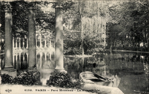 Ak Paris XVII Batignolles Monceau, Parc Monceau, kolommen, water, boot