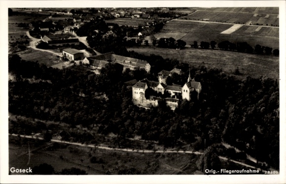 Postcard Goseck Saxony Anhalt, aerial view of castle, fields, landscape