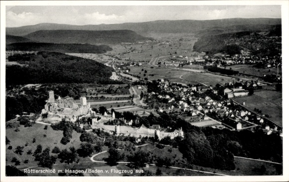 Postcard Rötteln Haagen Lörrach in Baden, aerial photograph, castle