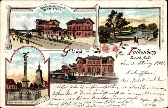 Chromo-Litho Falkenberg an der Elster, train station, train station restaurant M. Bress, grounds, war memorial church