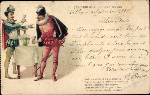 Postcard Saint Galmier Loire, Source Badoit, goatee and starched strawberry