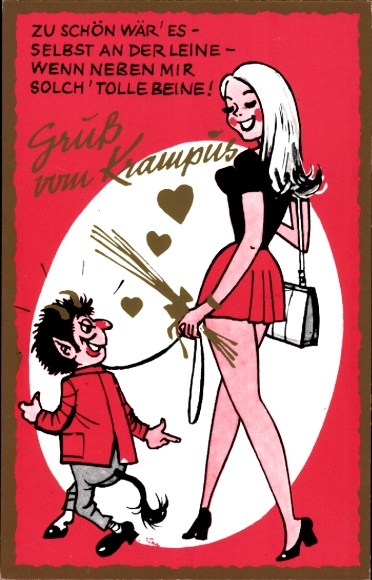 Artysta KP Krampus na smyczy blondynki w mini spódniczce, nogi, piersi