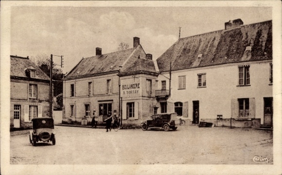 Postcard Villedieu le Château Loir et Cher, Place de l'Église, Boulangerie A. Tortay