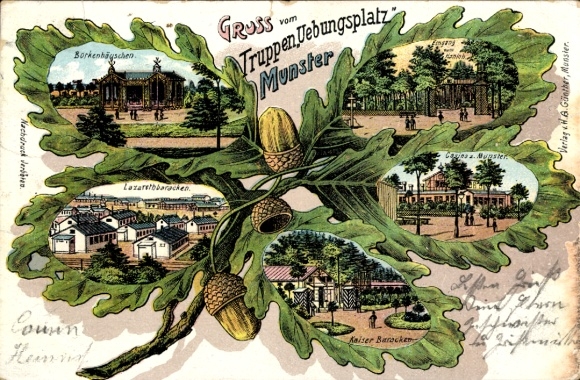 Eichenblatt Litho Munster im Heidekreis, Truppenübungsplatz, Lazarettbaracken, Borkenhäuschen