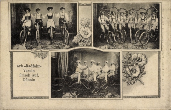 Ak Döbeln in Sachsen, Arbeiter-Radfahrverein, Gruppenaufnahme von Radfahrern, Blumenornament