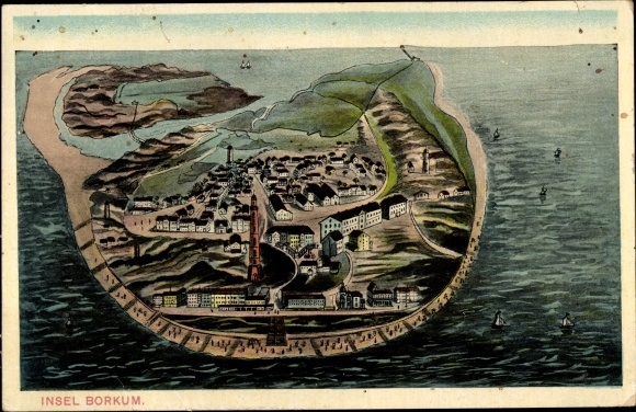 Postcard North Sea resort of Borkum in East Frisia, total view, lighthouse