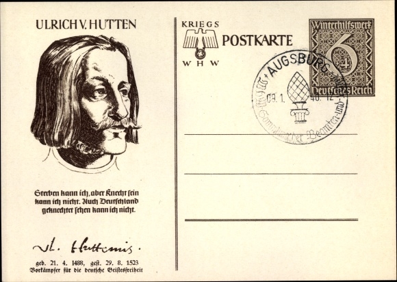 Postal stationery PC Ulrich von Hutten, 7 war WHW 1940, Dresden