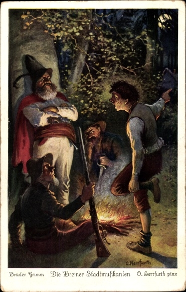 Künstler Ak Herrfurth, Oskar, Märchen, Gebrüder Grimm, Die Bremer Stadtmusikanten, Räuber