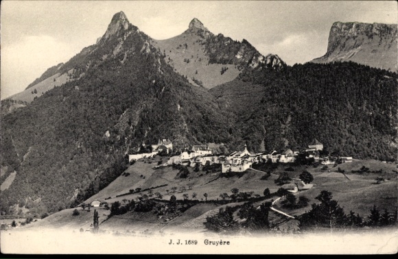 KP Broc Gruyère, kanton Fryburg, krajobraz górski, historyczna architektura wsi