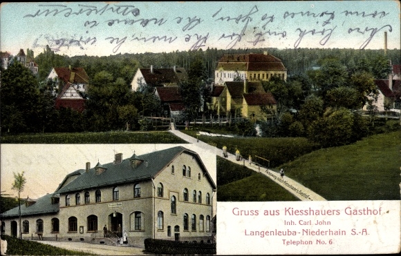 Ansichtkaart Langenleuba Niederhain in Thüringen, overzicht, Gasthof Kiesshauer