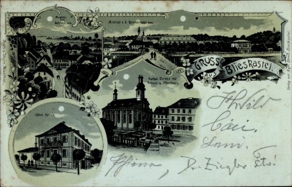 Moonlight litho Blieskastel in Saarland, Bliesbrücke, Catholic church, school, rectory, hotel