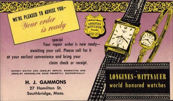 Postal stationery artist PC Longines Wittnauer wrist watches, HJ Gammons Southbridge Massachusetts