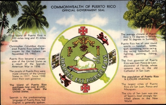 Postcard San Juan Puerto Rico, Official Government Seal