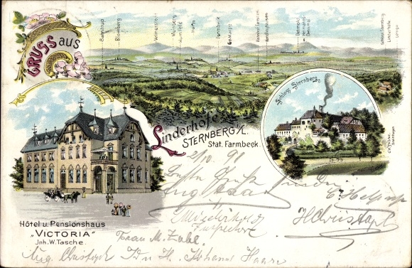 Litho Linderhofe Sternberg Extertal in Lippe, Hotel Pensionshaus Victoria, Schloss Sternberg