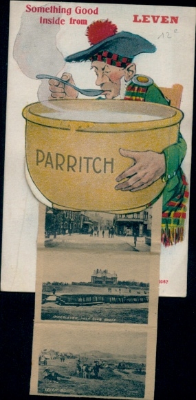 Leporello Postcard Leven Scotland, man in traditional costume, bowl with porridge, Parritch