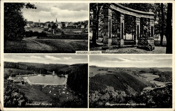 Ak Halver in Westfalen, algemeen beeld, cenotaaf, Herpine lido, bergpanorama van het Hälvertal
