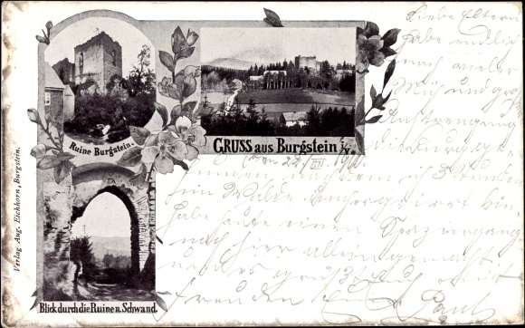 Postcard Burgstein Weischnitz in the Vogtland, Burgstein ruins, panorama, Schwand