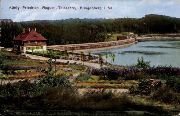 Postcard Klingenberg in the Ore Mountains of Saxony, Aönig-Friedrich-August Dam, landscape, water, buildings