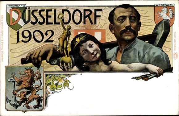 Wapen Litho Düsseldorf am Rhein, Industrie- en Handelstentoonstelling 1902, arbeider en kind
