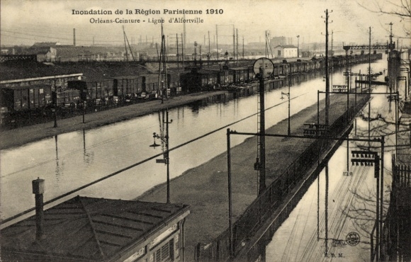 CPA Alfortville Val de Marne, Inondation 1910, Orléans-Ceinture Ligne d'Alfortville, Gare