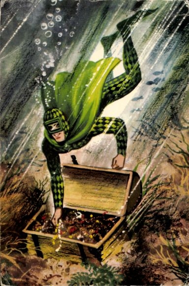 Artist Postcard Luvil-Man, superhero, diver, treasure chest underwater