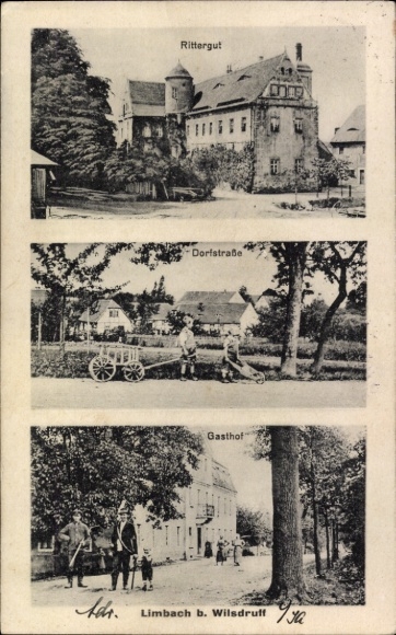 Ak Limbach Wilsdruff Sachsen, Rittergut, Dorfstraße, Gasthof, Kinder mit Karren