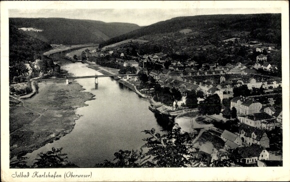 Postcard Bad Karlshafen on the Weser, aerial view of Weser, bridge, old town