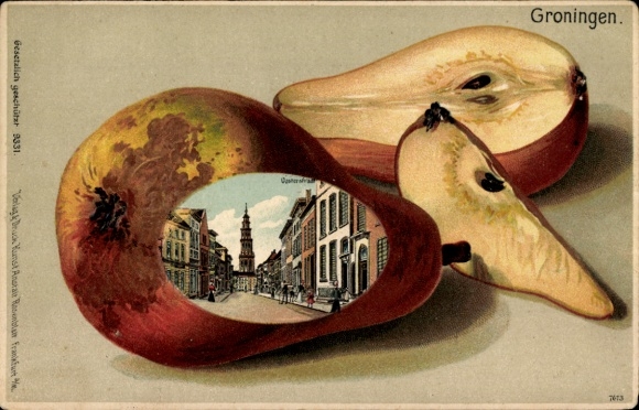 Chromo-Litho Groningen Netherlands, street, tower, passers-by, pear