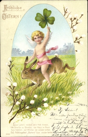 Präge Ak Glückwunsch Ostern, Engel reitet einen Osterhasen, Weidenkätzchen, Kleeblatt