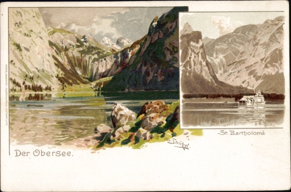 Artist Chromo-Litho Strützel, Otto, Schönau am Koenigssee, The Obersee, St. Bartholomä