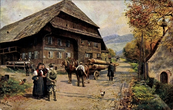 Artist Postcard Hoffmann, H., Buchenbach Black Forest, Gasthaus zum Himmelreich, ladies, traditional costume, wood cart