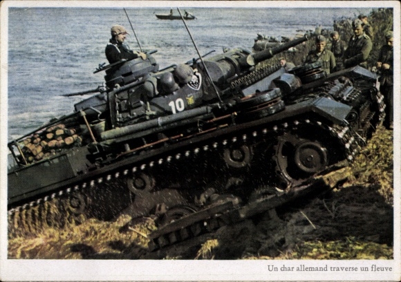 Postcard German Wehrmacht, tank crossing a river, Panzerkampfwagen, WW2